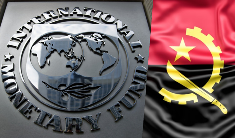 Montagem com símbolo do FMI e bandeira de Angola
